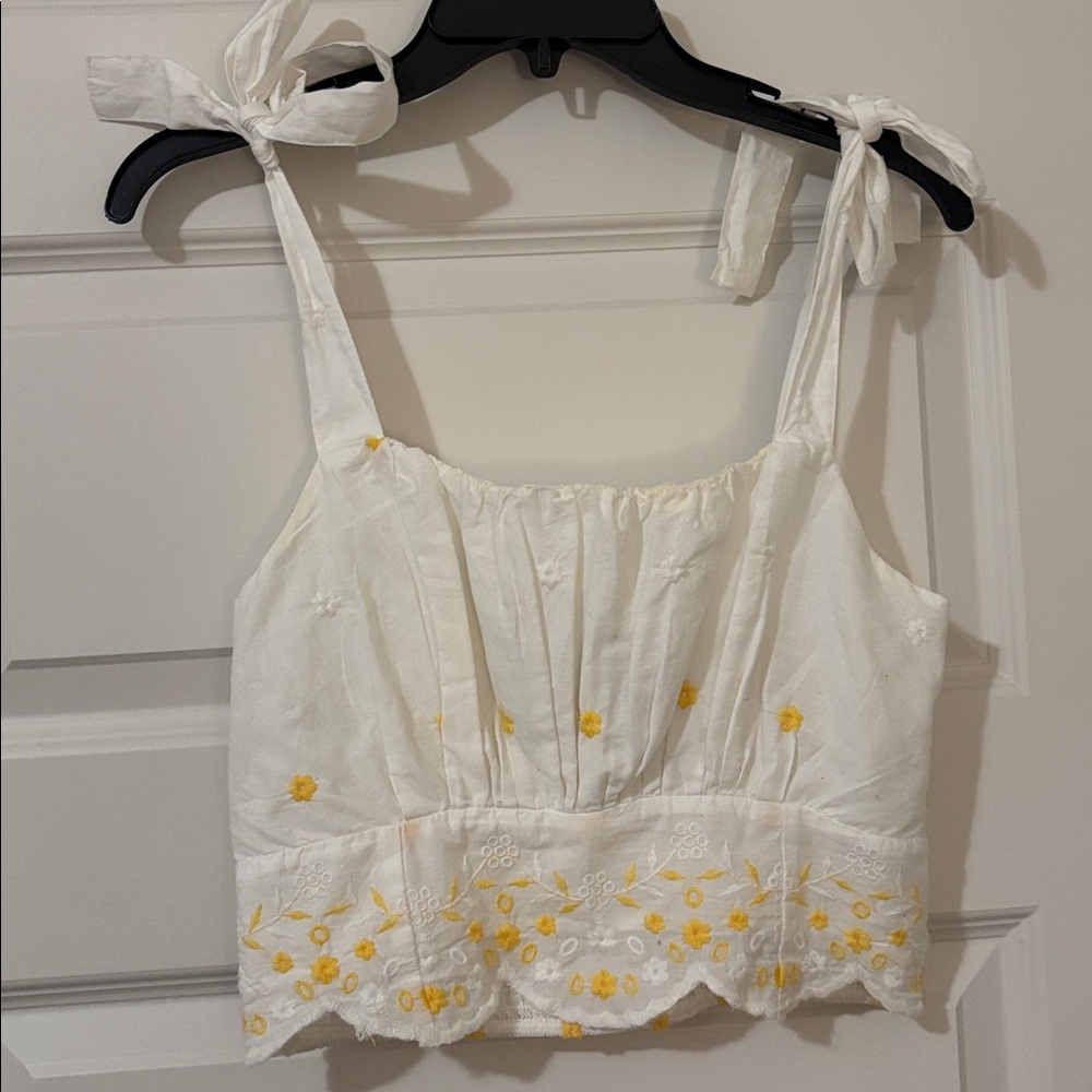 White and Yellow Floral Embroidered Top